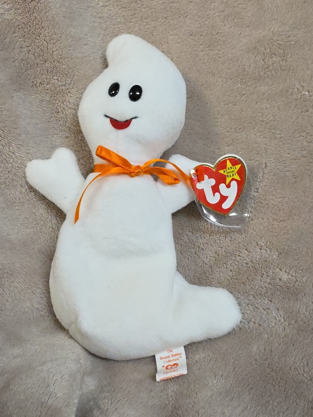 Ty White Ghost Plush with Orange Ribbon